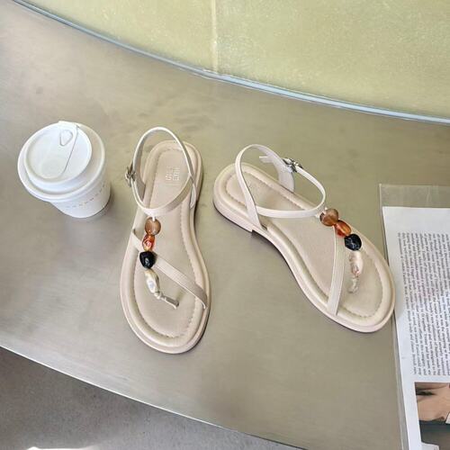 夏季串珠一字带低跟露趾女凉鞋