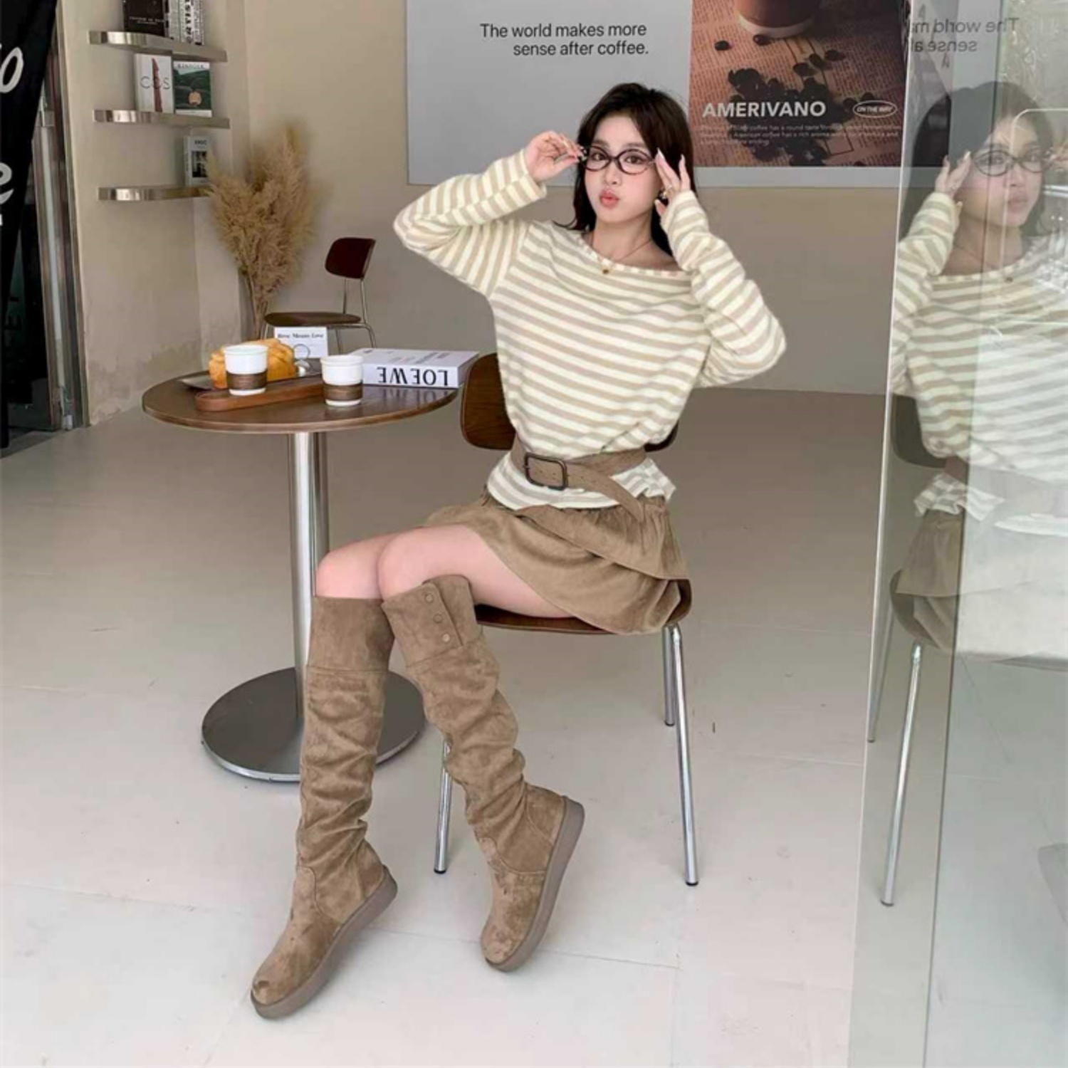 厚底美拉德两穿褶皱翻边瘦瘦靴女