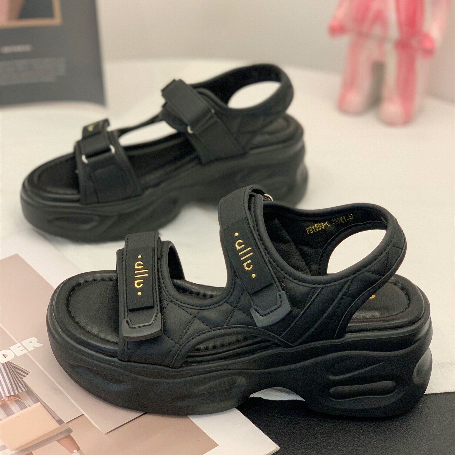 魔术贴厚底罗马凉鞋女2026年夏季新款百搭增高6cm显瘦黑色休闲鞋