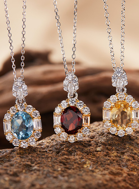 S925纯银镀18K金天然彩宝紫黄水晶吊坠锁骨项链高级不掉色珠宝