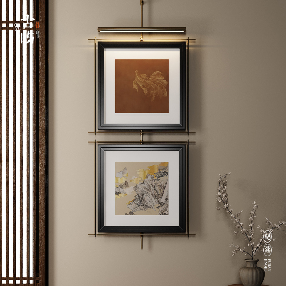 玄关走廊入户高级感装饰画新中式双幅挂画客厅餐厅吊杆墙上壁饰