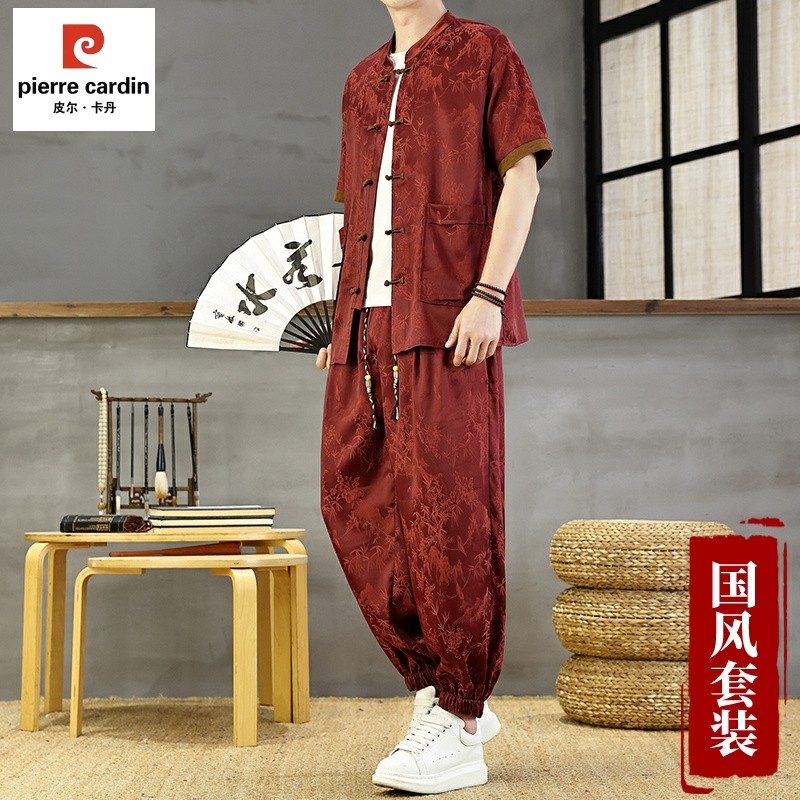 皮尔卡登红色中国风唐装2025夏季套装衬衫男士冰丝薄款衬衫两件套