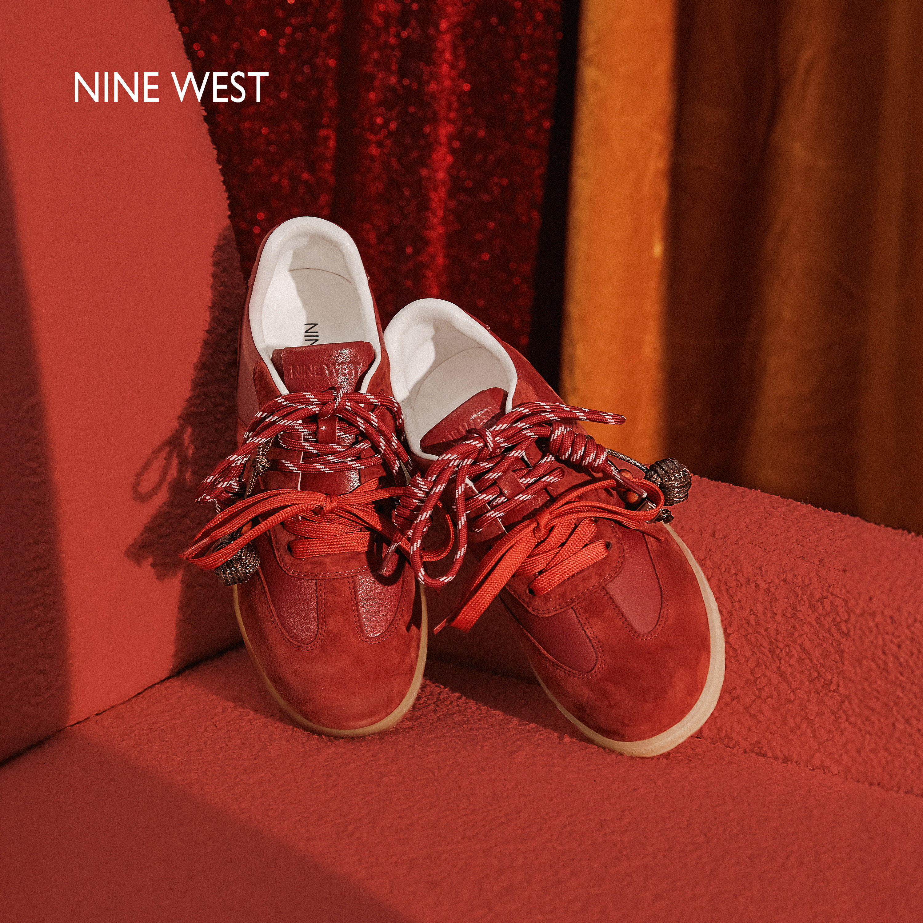 Nine West/玖熙新年红德训鞋女2026春季新款休闲鞋平底真皮板鞋,女鞋,时尚休闲鞋,淘宝优惠券,粉丝福利购,淘宝优惠卷