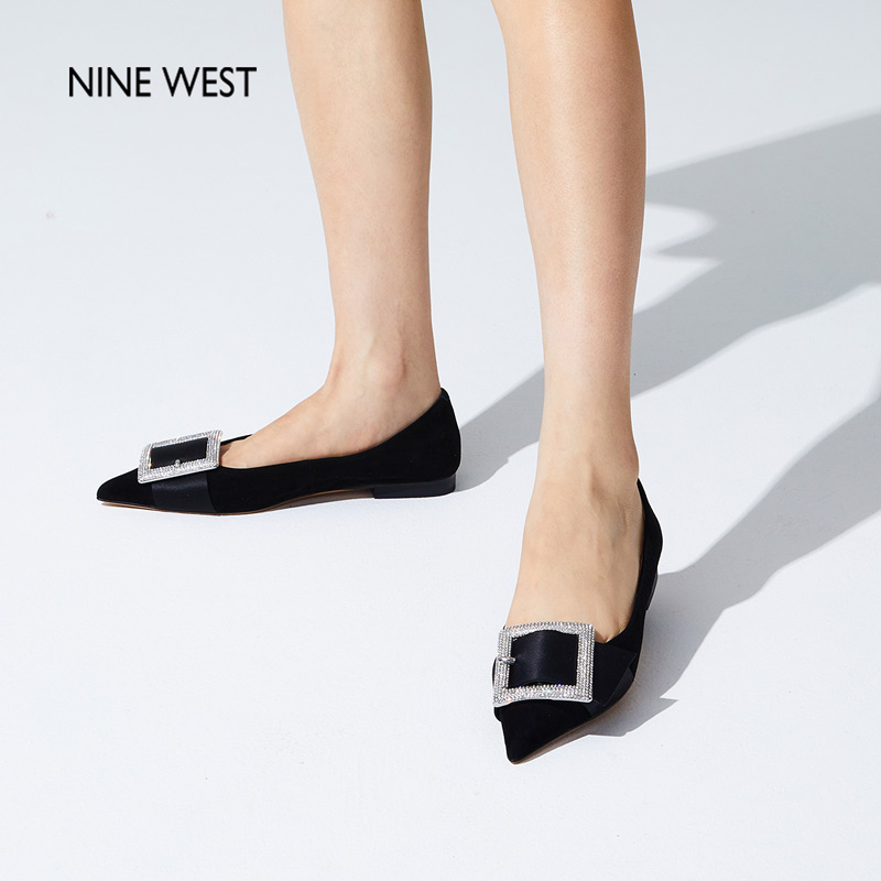 Nine West/玖熙方糖钻扣单鞋法式钻扣2025夏季新款尖头平底单鞋女