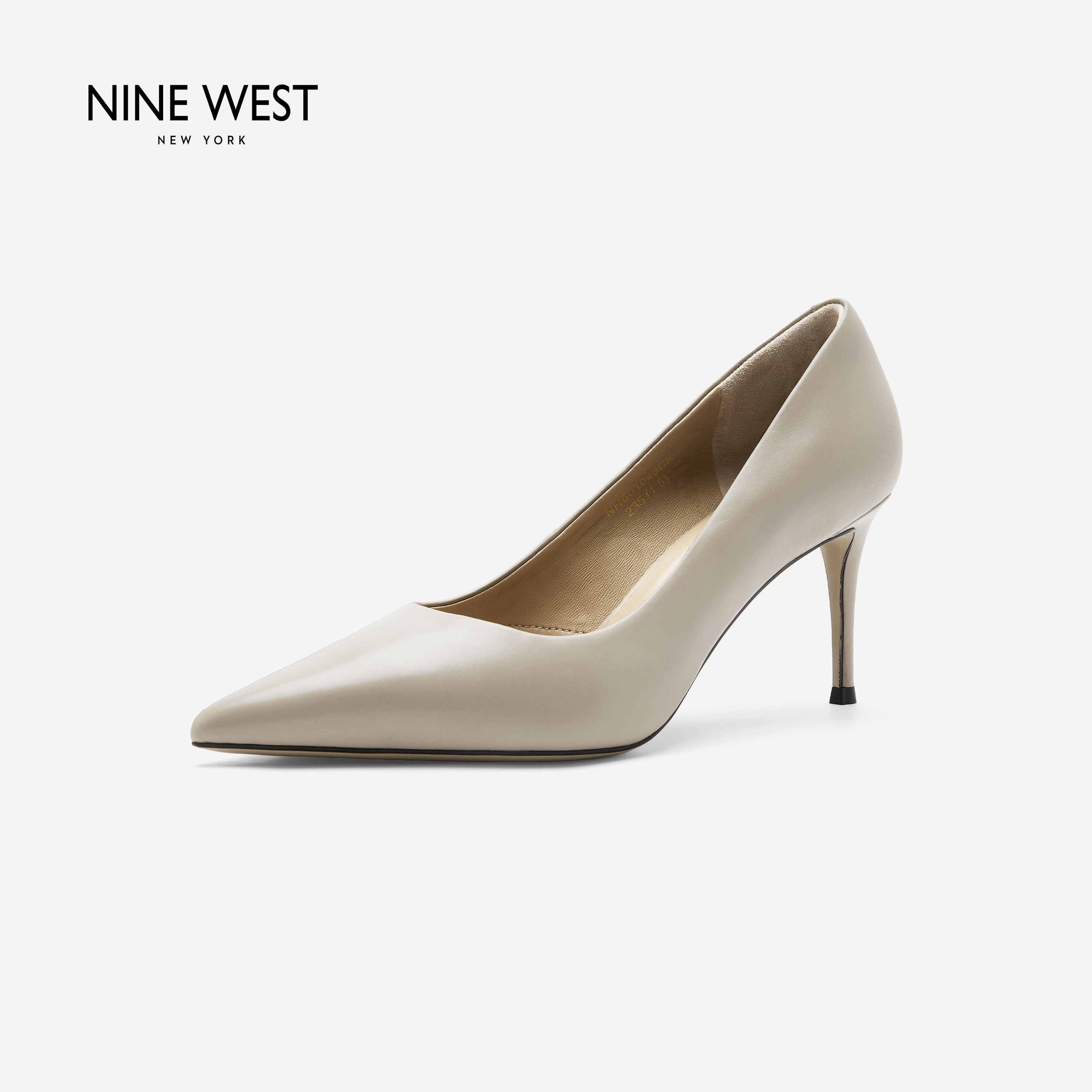 Nine West/玖熙胎牛皮白色细高跟鞋女舒适软垫通勤不累脚浅口单鞋