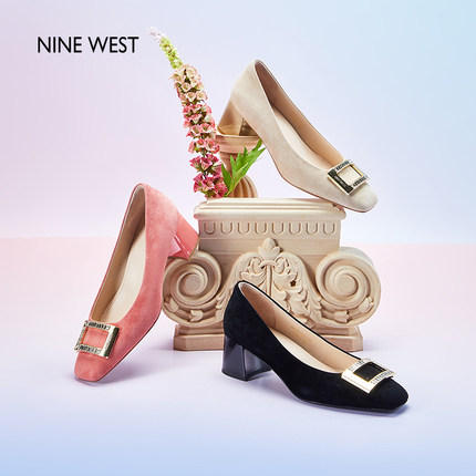 Nine West/玖熙璀璨方步金属方扣粗跟单鞋2024春季新款绒面高跟鞋