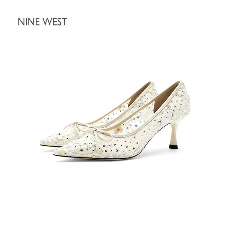 Nine West/玖熙四叶星钻镂空高跟鞋女黑色蝴蝶结蕾丝尖头浅口单鞋