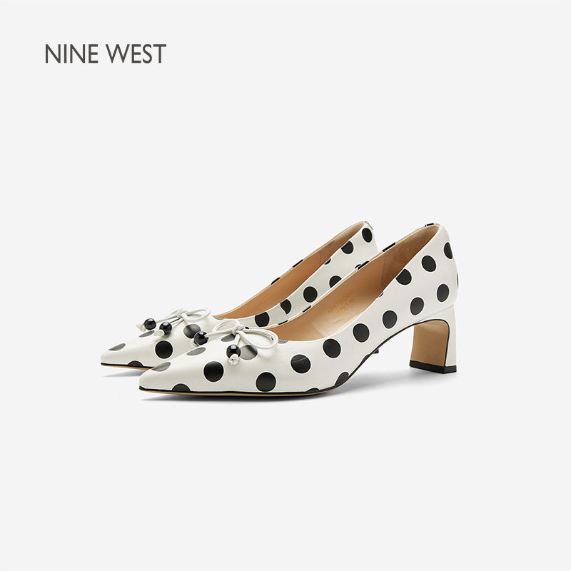 Nine West/玖熙浅口单鞋女法式温柔风异形跟波点蝴蝶结尖头高跟鞋