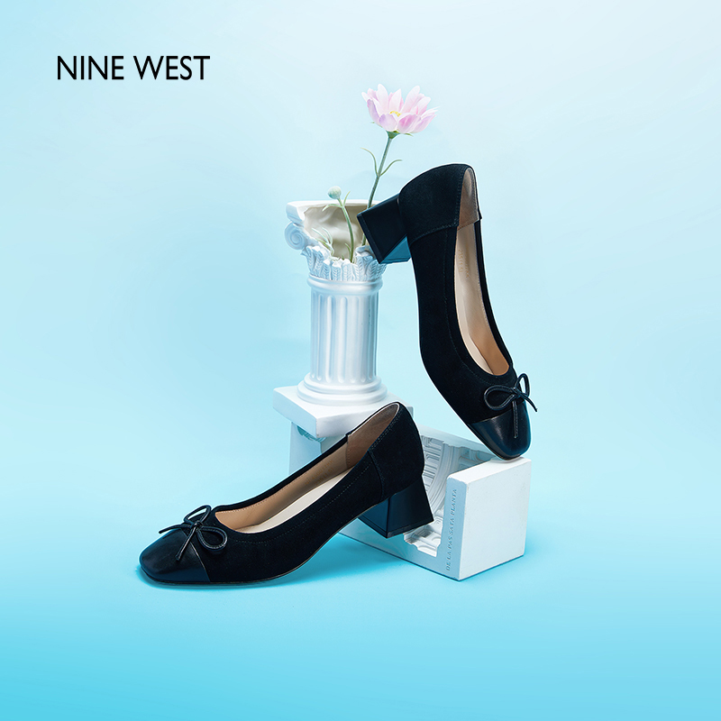 Nine West/玖熙蝴蝶眷履浅口粗跟单鞋2024春季新款优雅反绒高跟鞋