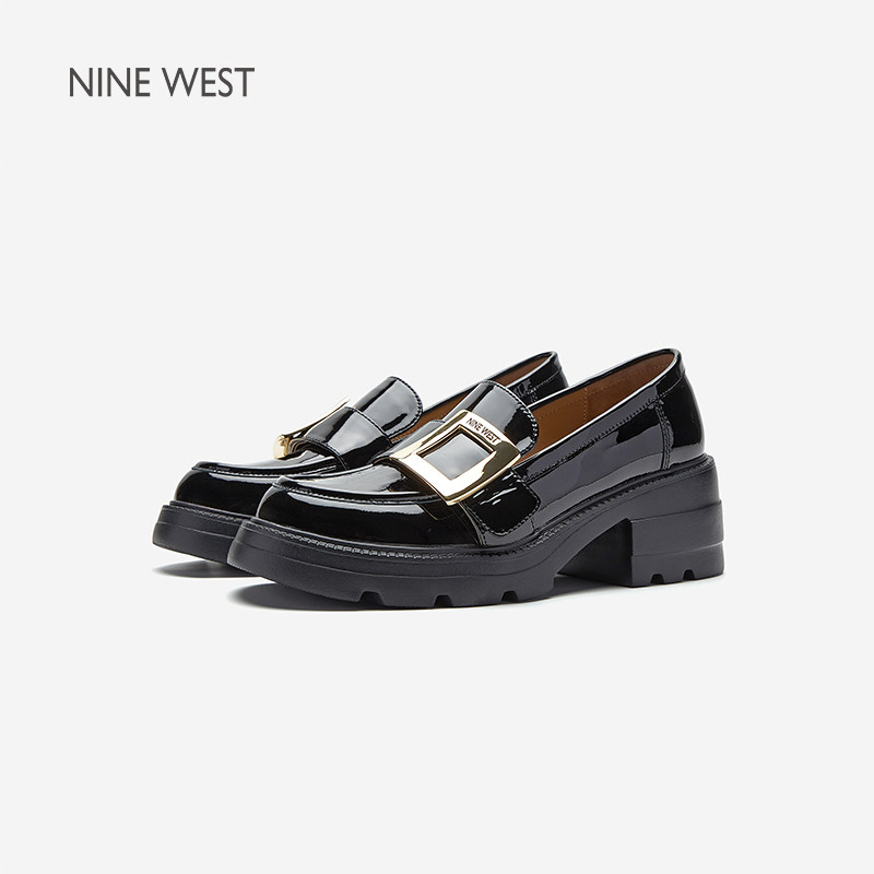 Nine West/玖熙英伦风真皮金属扣乐福鞋女厚底增高复古风粗跟单鞋