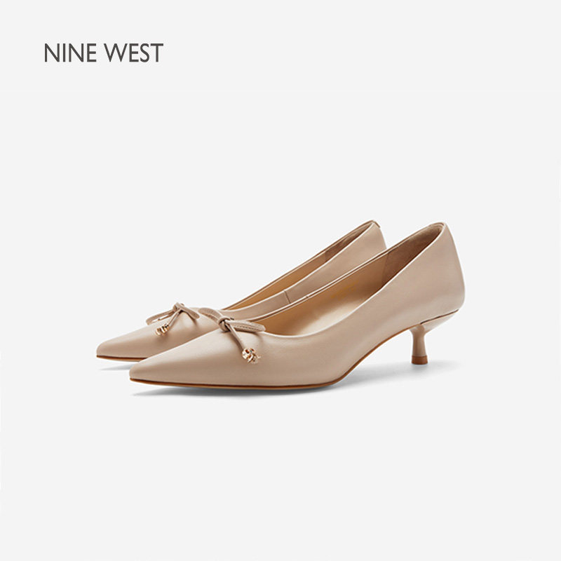 Nine West/玖熙尖头浅口单鞋女中跟蝴蝶结猫跟通勤女鞋气质百搭款