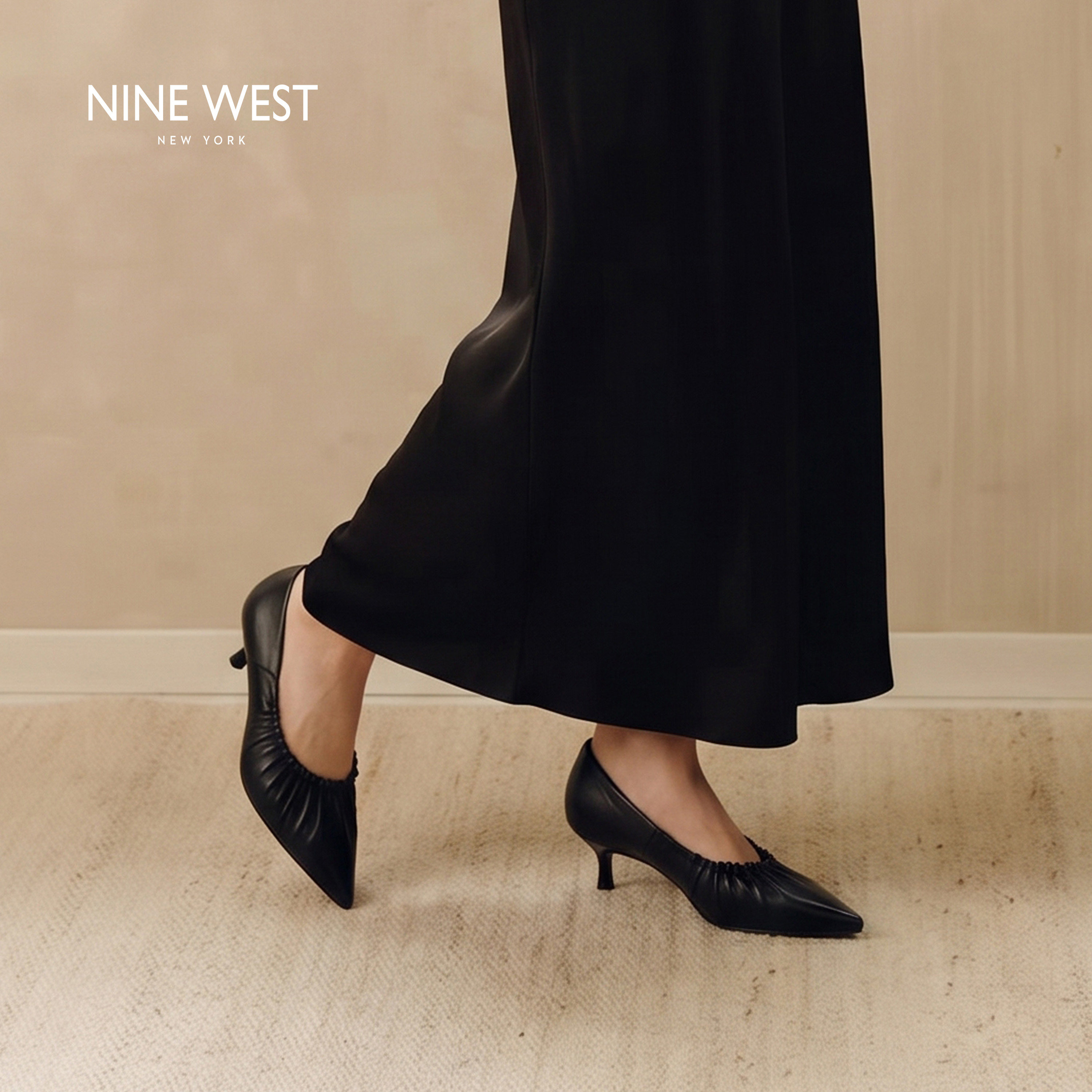 Nine West/玖熙黑色尖头细跟单鞋女设计师款褶皱舒适不累脚
