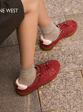 Nine West/玖熙复古德训鞋女秋冬新款百搭休闲鞋红色板鞋