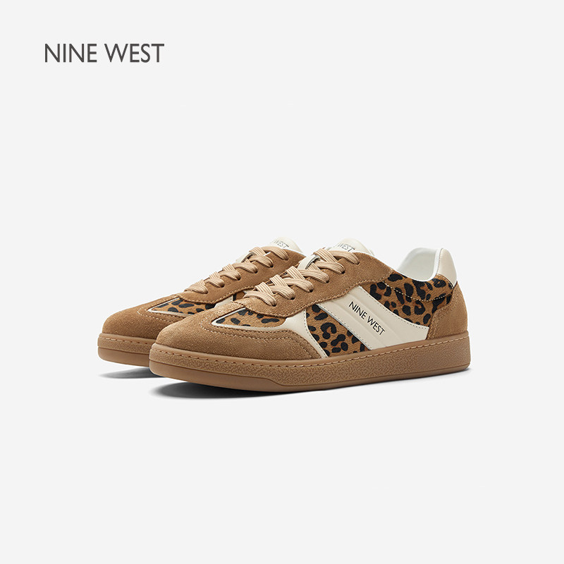 Nine West/玖熙新款豹纹拼色德训鞋女系带平底复古休闲鞋运动板鞋