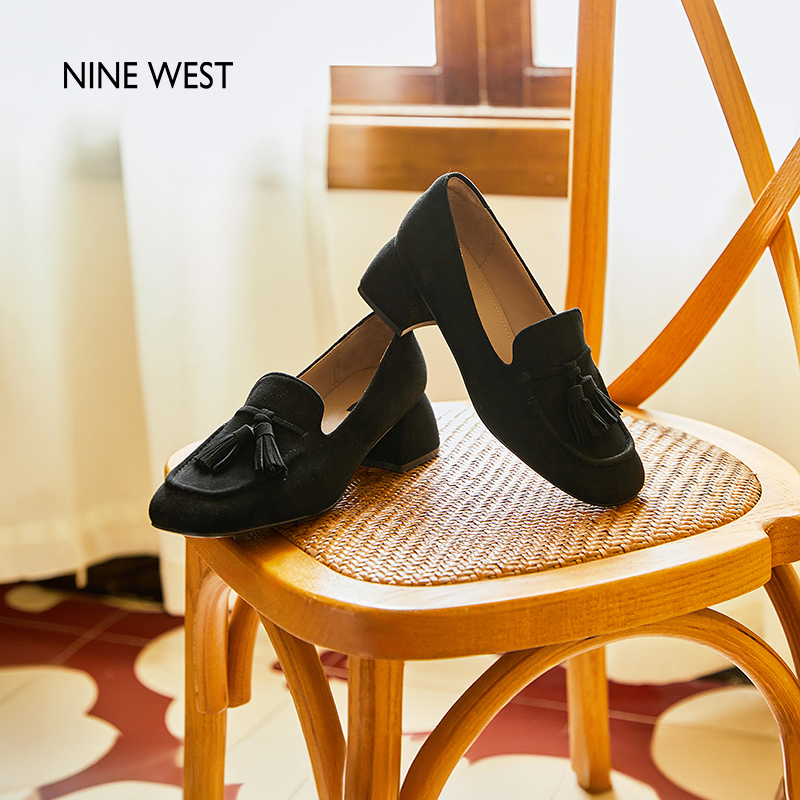 Nine West/玖熙流苏乐福鞋女2025秋冬新款粗跟一脚蹬豆豆单鞋软底