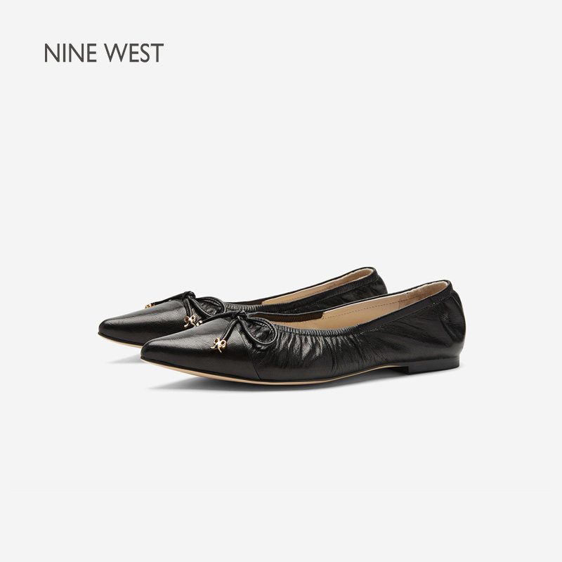 Nine West/玖熙优雅复古风黑色蝴蝶结芭蕾鞋女尖头浅口平底鞋