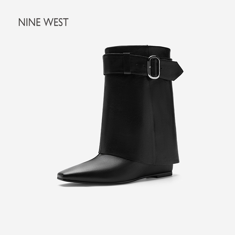 Nine West/玖熙潮酷方头裤管靴女搭扣装饰秋冬出行气质女式短筒靴