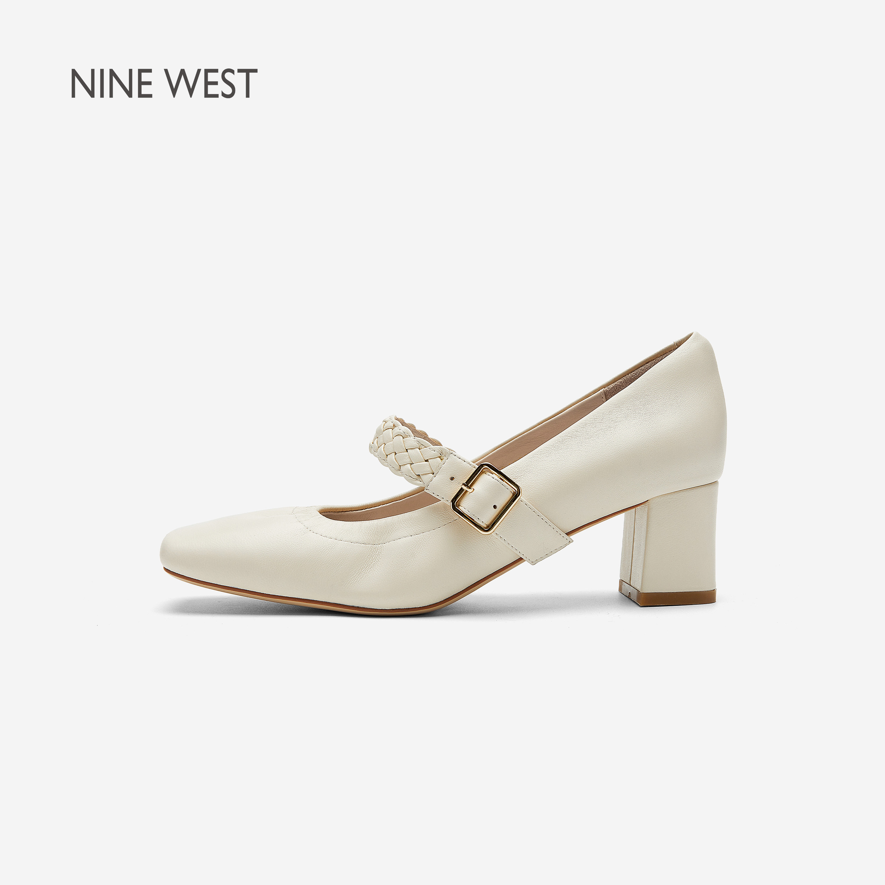 Nine West/玖熙高跟玛丽珍女鞋浅口单鞋方头编织粗跟一字带凉鞋
