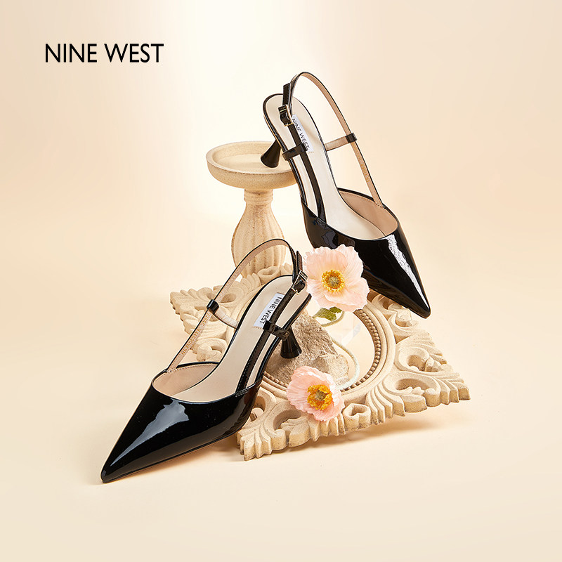 Nine West/玖熙优雅尖头包头凉鞋女漆皮猫跟气质一字式扣带高跟鞋