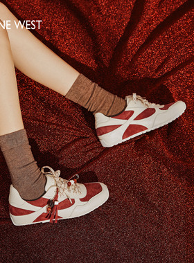 Nine West/玖熙新年花卉复古德训鞋女2026春红色运动休闲鞋板鞋