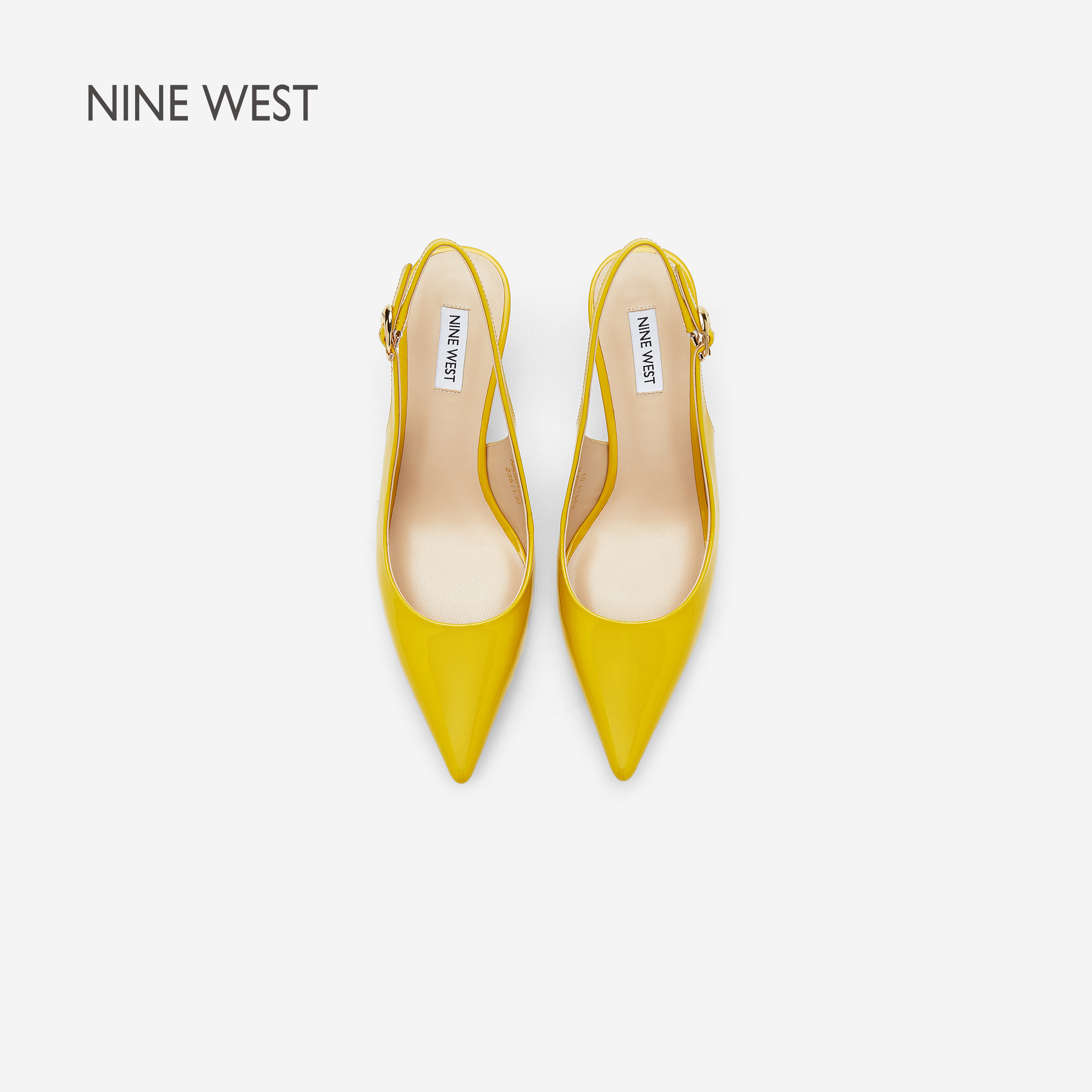 Nine West/玖熙黄色漆皮尖头细跟高跟时装凉鞋女款搭扣浅口单鞋女