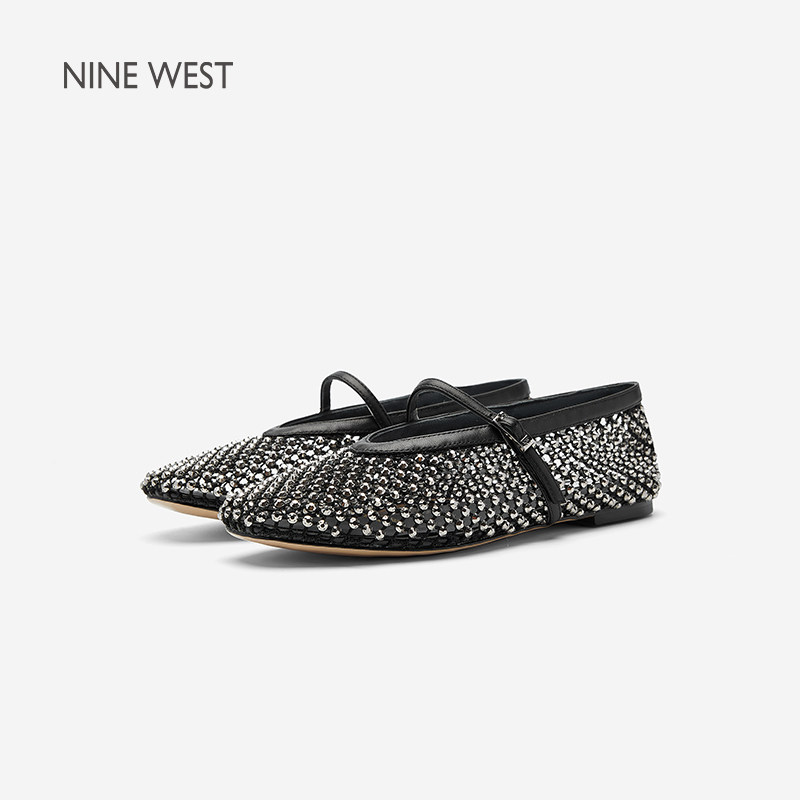 Nine West/玖熙亮片网钻玛丽珍鞋女平底一字扣轻奢单鞋女士通勤鞋