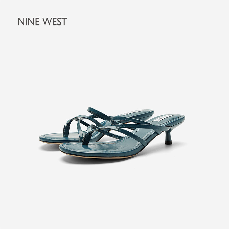 Nine West/玖熙交叉绑带凉鞋女低跟猫跟后空高跟鞋通勤休闲百搭鞋