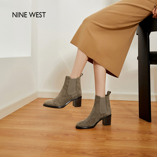 反绒粗跟弹力靴复古切尔西靴 玖熙短靴女秋冬新款 Nine West