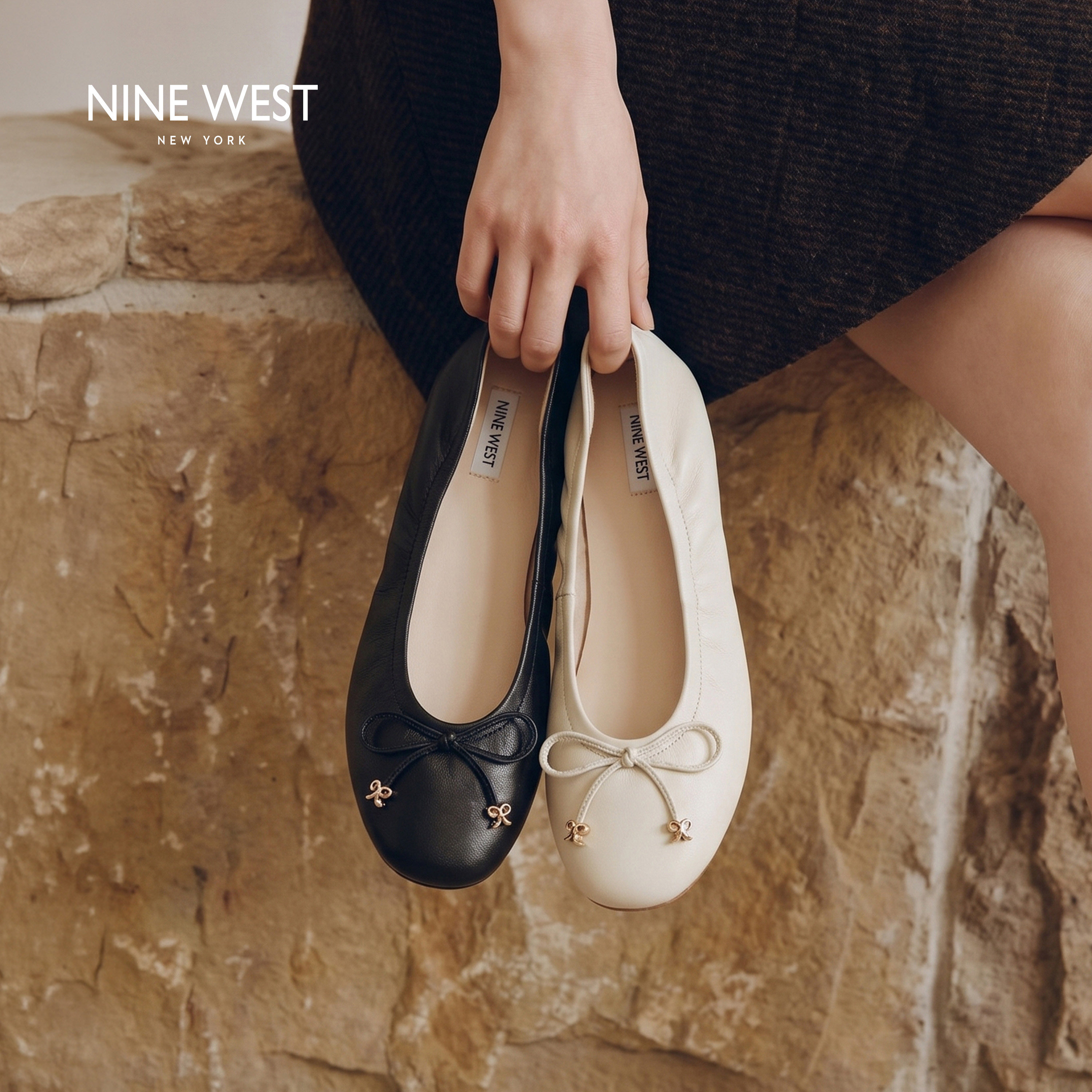 Nine West/玖熙法式优雅蝴蝶结芭蕾平底鞋女新款软底真皮通勤单鞋