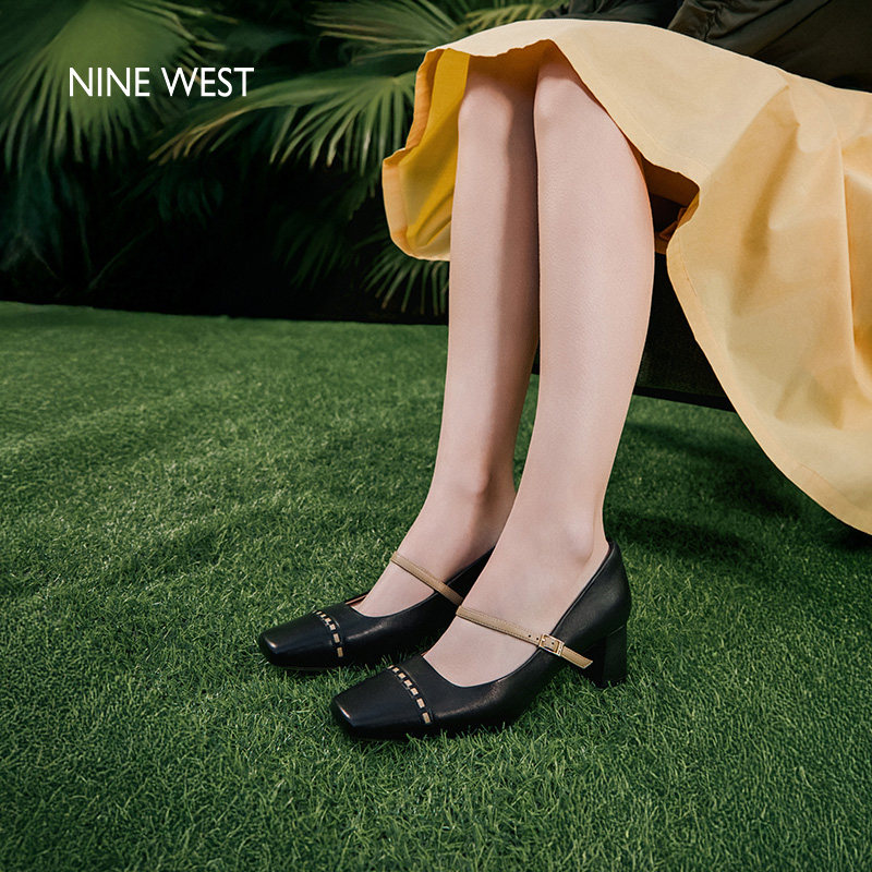 Nine West/玖熙鎏金方糖玛丽珍鞋女2026夏高跟鞋方头粗跟一字扣带