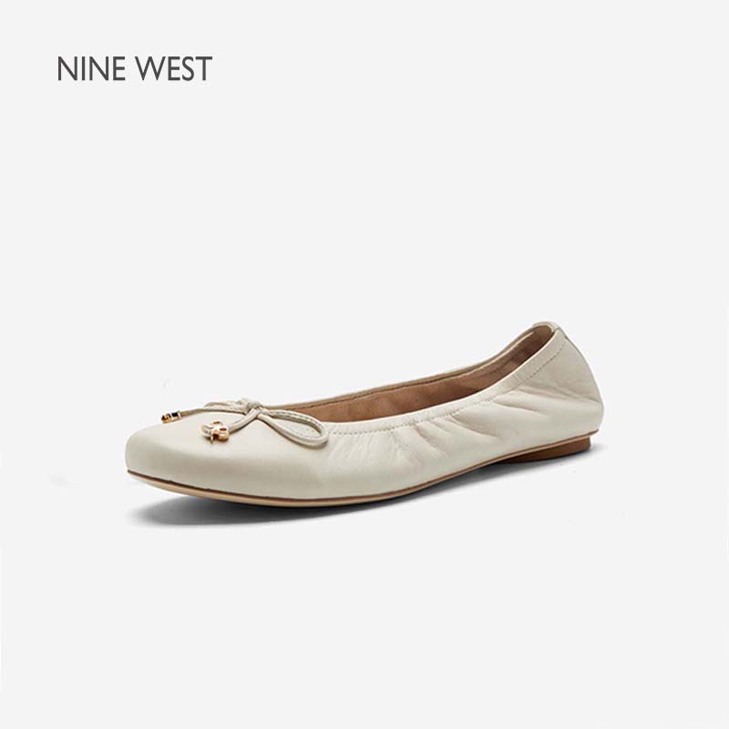 Nine West/玖熙真皮蝴蝶结芭蕾平底鞋女新款圆头软底舒适通勤单鞋