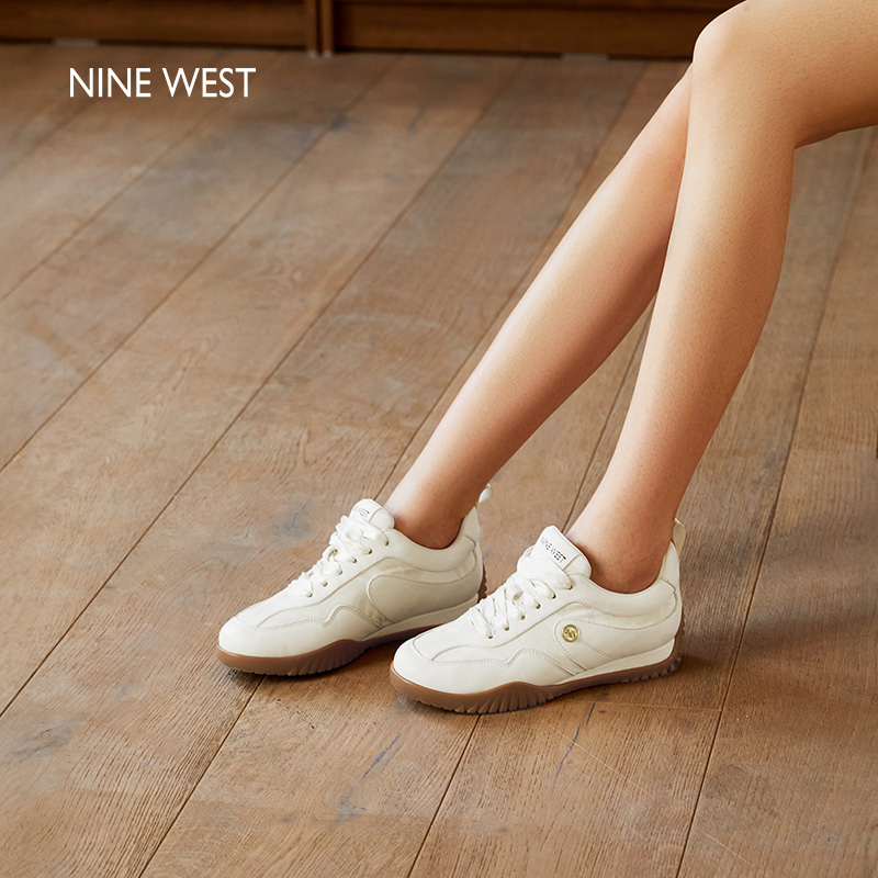 Nine West/玖熙缎面德训鞋女2025夏季新款真皮厚底小白鞋休闲鞋