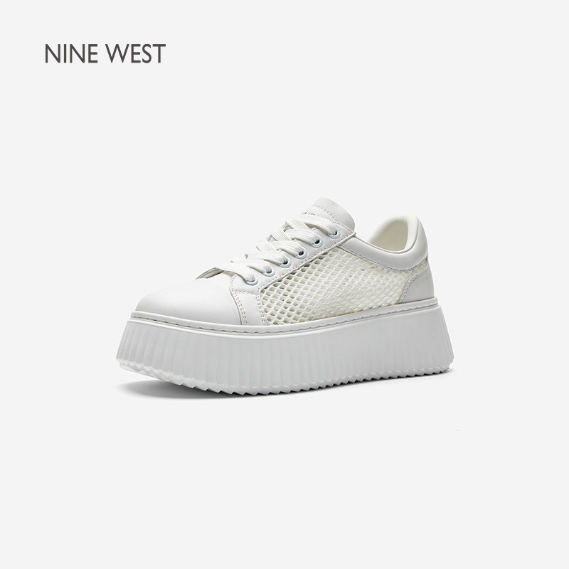 Nine West/玖熙厚底小白鞋女透气增高休闲鞋显高百搭运动鞋网面鞋