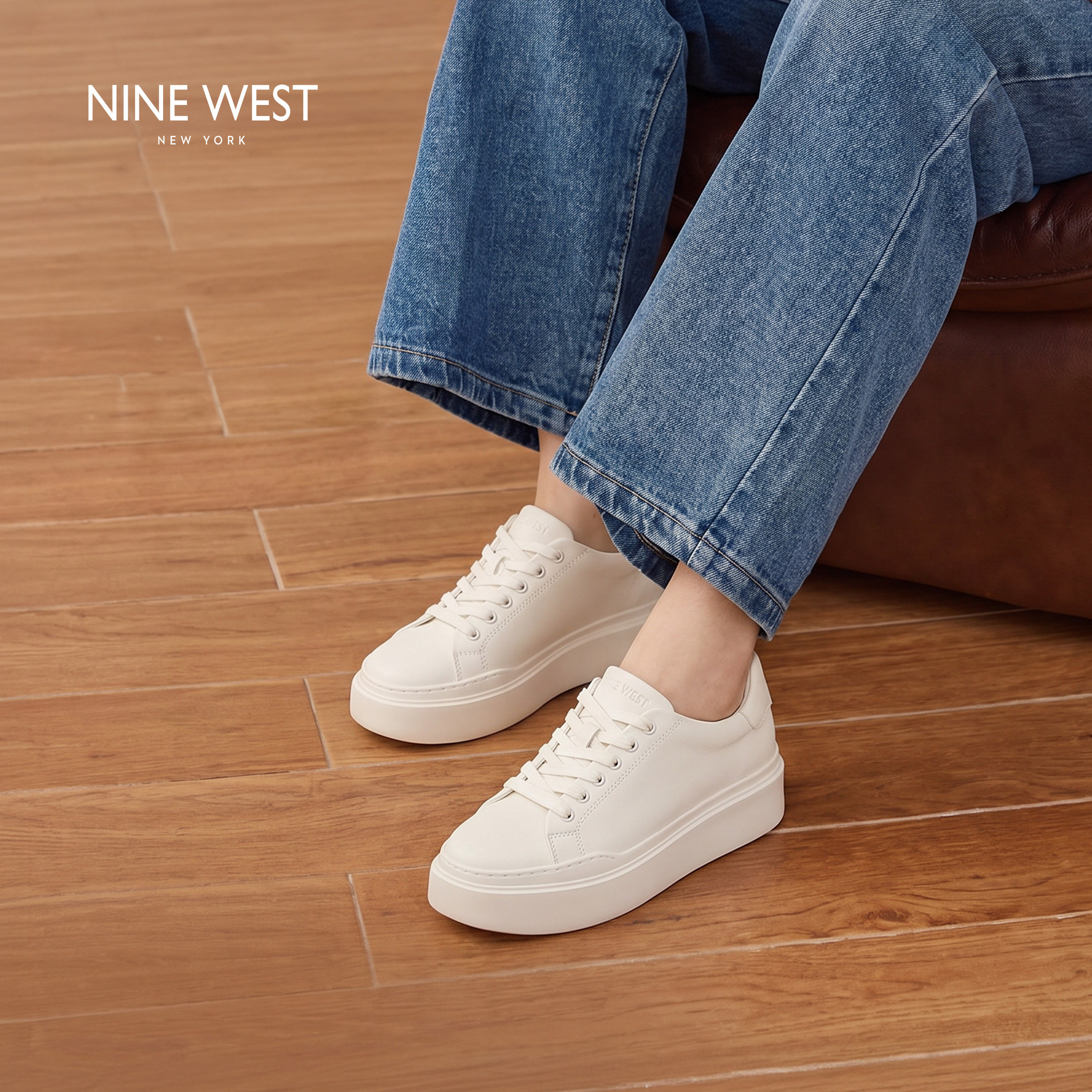 明星同款Nine West/玖熙厚底增高小白鞋女纯白色休闲运动鞋通勤