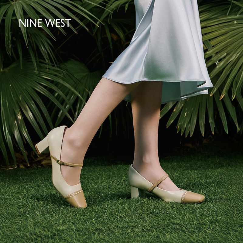 Nine West/玖熙法式方头玛丽珍鞋女通勤风粗跟单鞋一字扣带高跟鞋