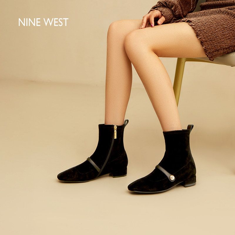 Nine West/玖熙玛丽珍粗跟短靴女磨砂侧拉链户外防滑百搭复古单靴