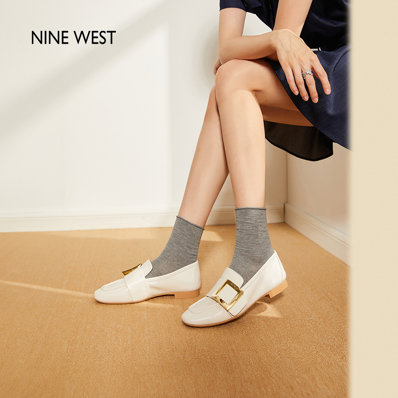 Nine West/玖熙通勤乐福鞋女2025夏季新款平底真皮单鞋一脚蹬软底