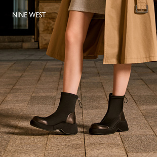 真皮短靴瘦瘦靴袜靴 玖熙厚底增高弹力靴女2025秋冬新款 Nine West