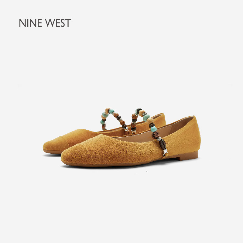 Nine West/玖熙反绒皮玛丽珍鞋女珠饰一字带浅口鞋平底复古风单鞋