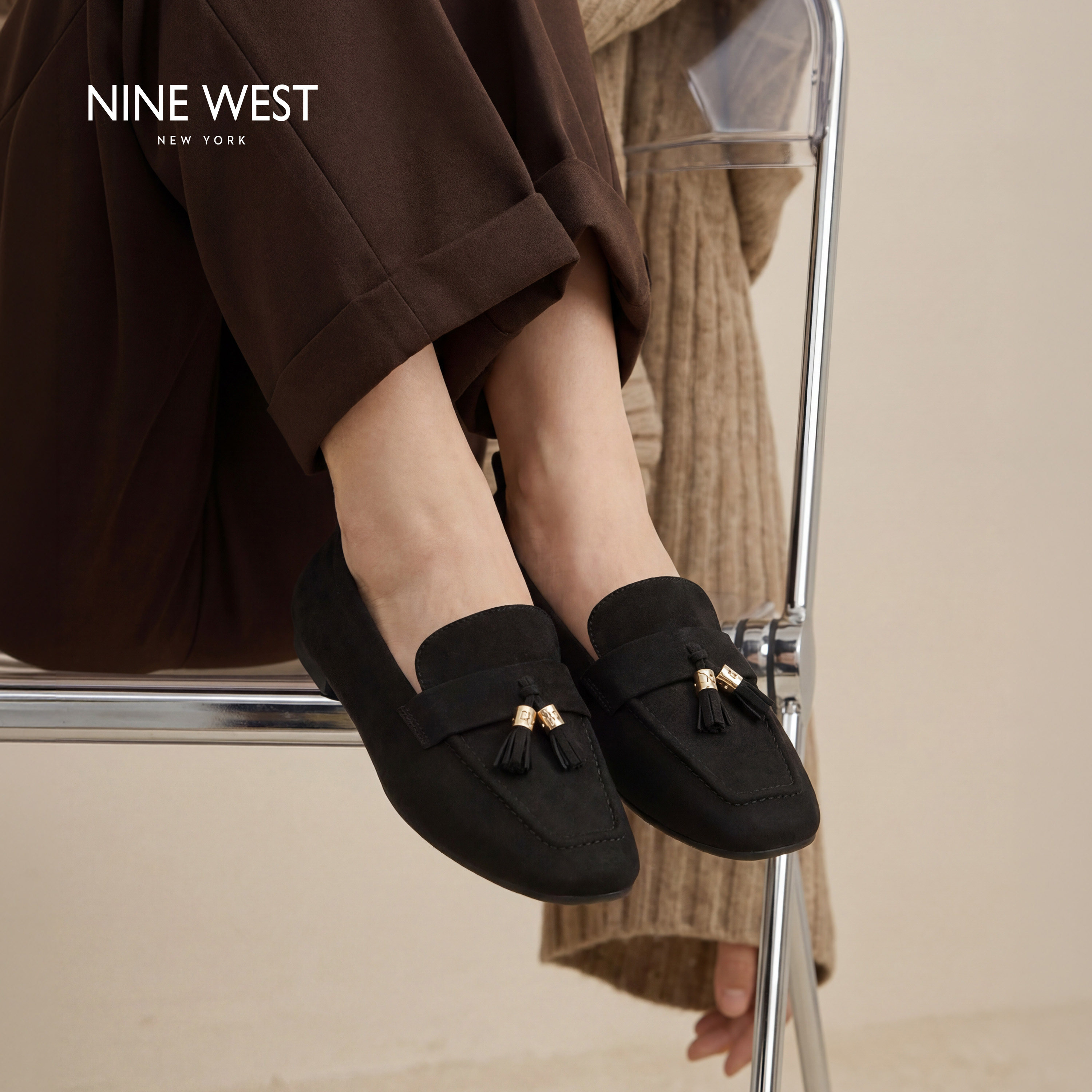 Nine West/玖熙老钱风流苏乐福鞋女2026秋季新款黑色一脚蹬豆豆鞋