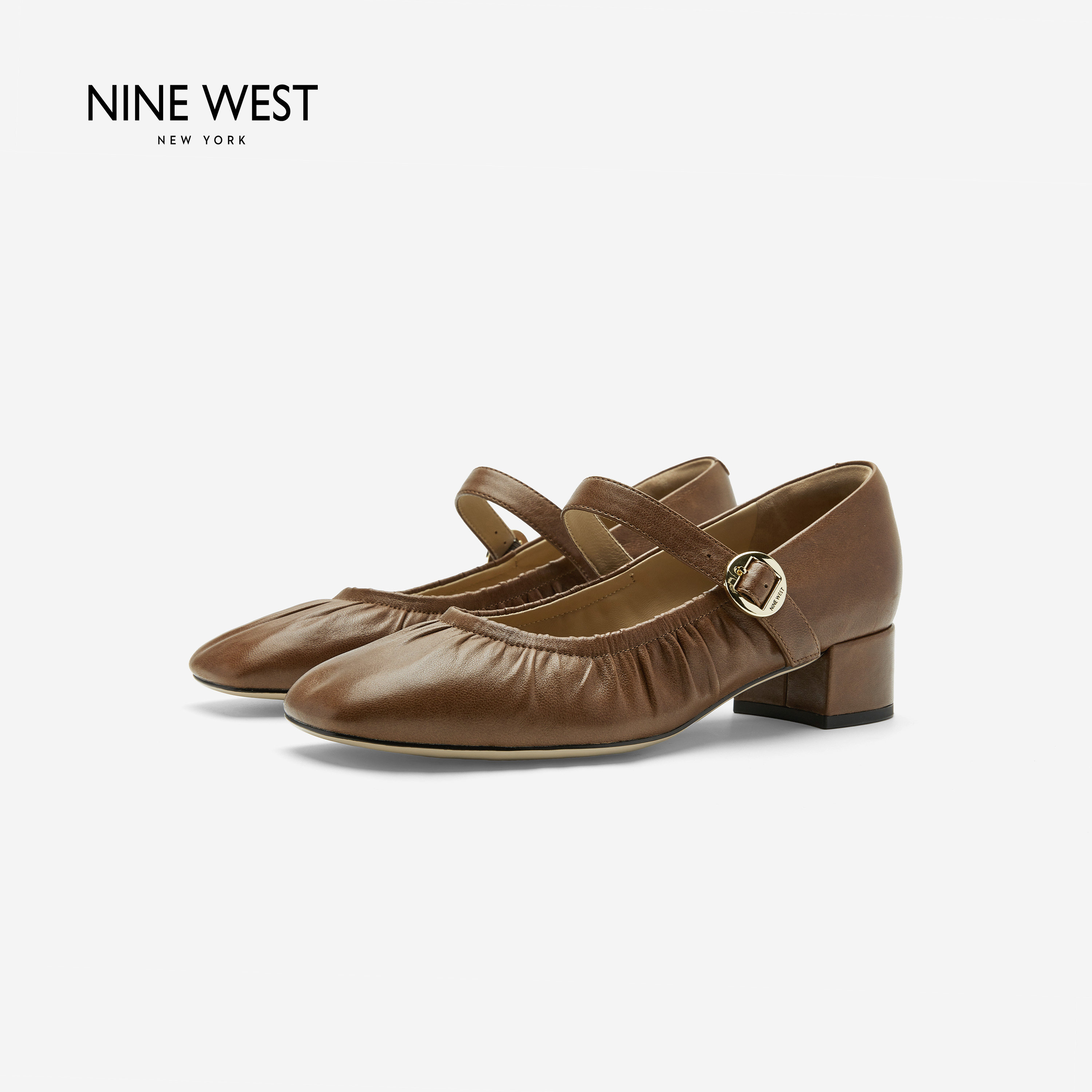 Nine West/玖熙一字带玛丽珍鞋女2026秋季粗跟复古方头浅口单鞋