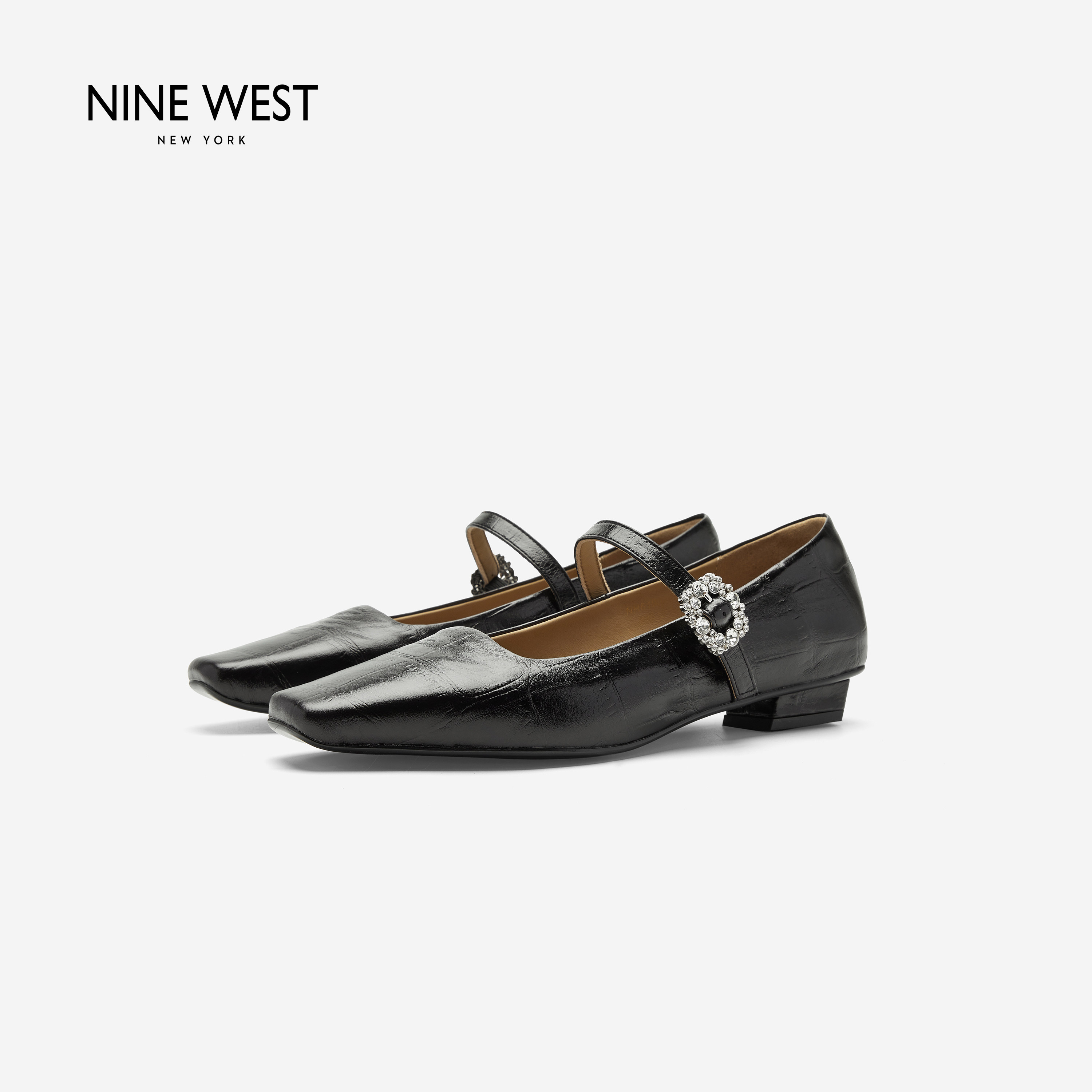 Nine West/玖熙褶皱软皮玛丽珍鞋女方头水钻扣低跟浅口复古通勤鞋