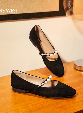 Nine West/玖熙珍珠复古玛丽珍鞋女法式平底单鞋舒适软底奶奶鞋