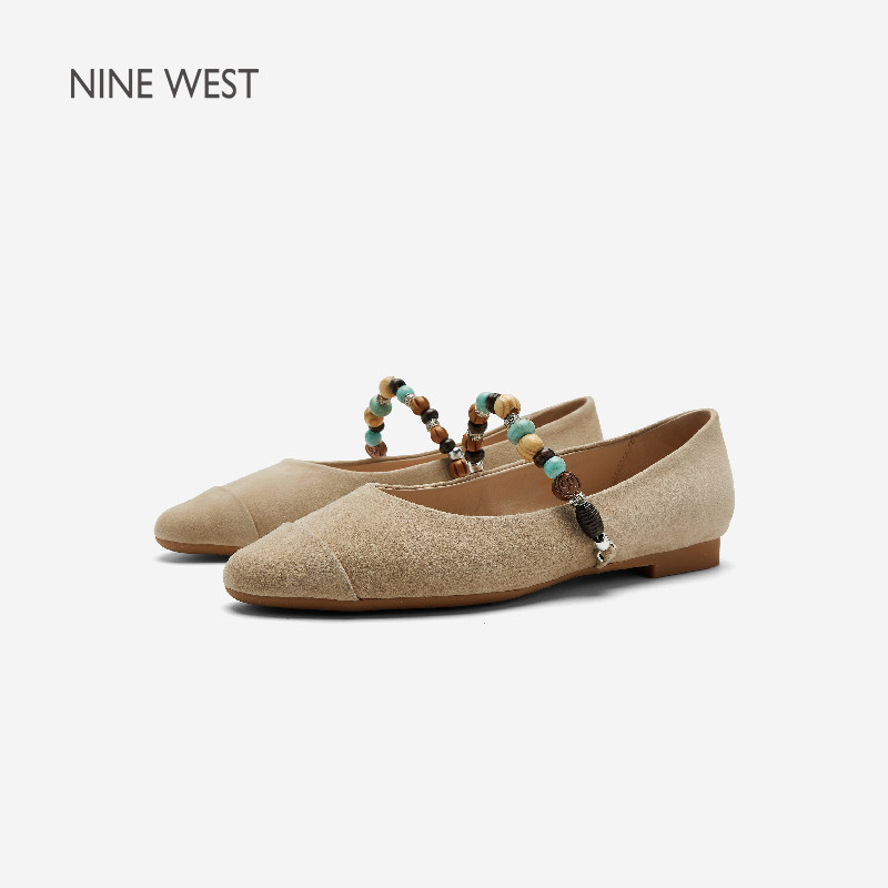 Nine West/玖熙反绒皮玛丽珍鞋女珠饰一字带浅口鞋休闲复古风单鞋