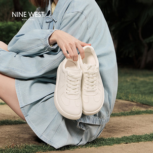 Nine West/玖熙新款真皮小白鞋女纯白色厚底增高百搭休闲板鞋女款