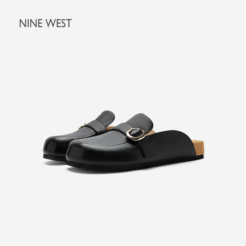 Nine West/玖熙真皮勃肯鞋女包头拖鞋外穿休闲平底穆勒鞋懒人拖鞋