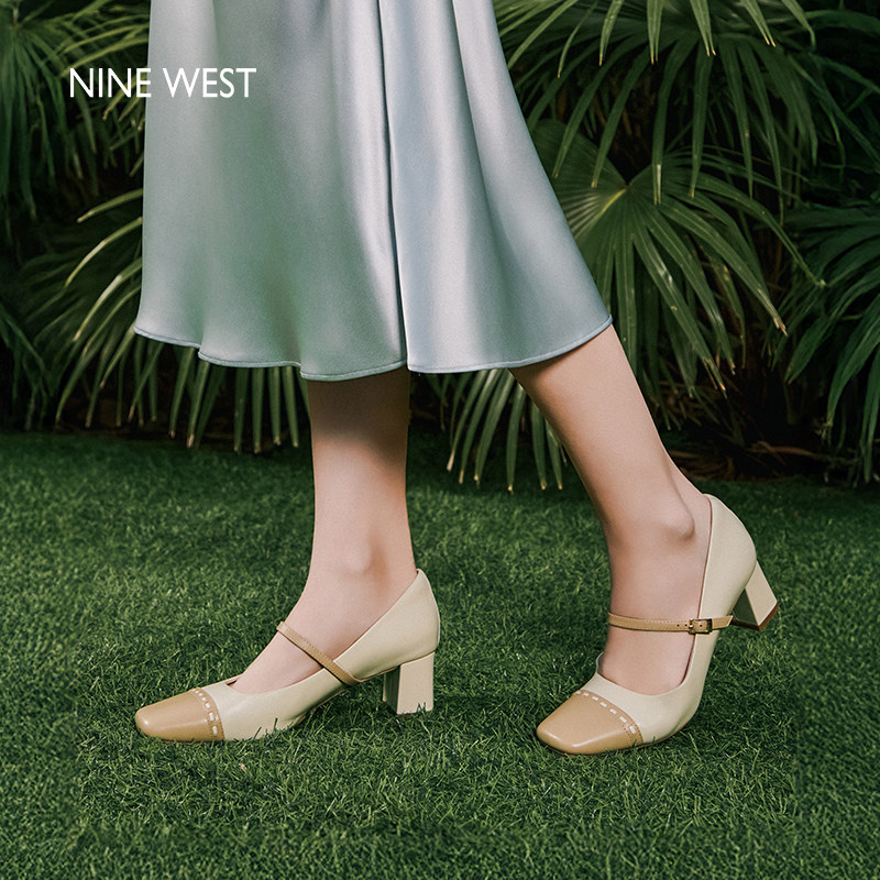 Nine West/玖熙鎏金方糖玛丽珍鞋女2026夏高跟鞋方头粗跟一字扣带