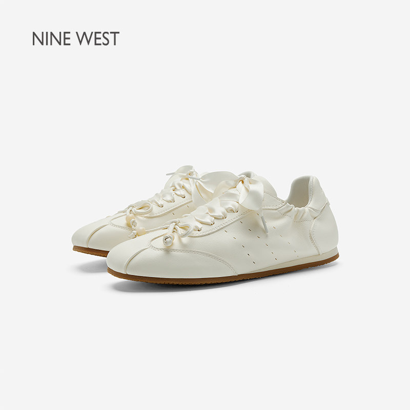 Nine West/玖熙米白芭蕾鞋蝴蝶结褶皱德训鞋女平底系带休闲鞋单鞋