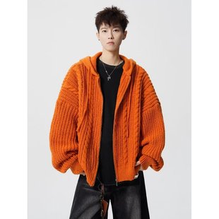 连帽针织衫秋冬季男装复古麻花开衫外套韩系慵懒设计感痞帅毛衣