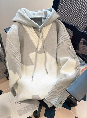 美式设计感小众撞色连帽针织卫衣男女潮牌vintage假两件毛衣外套